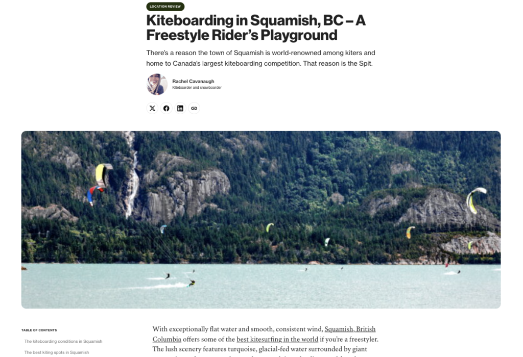 Kiteboarders enjoy a day on the water in Squamish, BC, in a photo of the 57 Hours website.